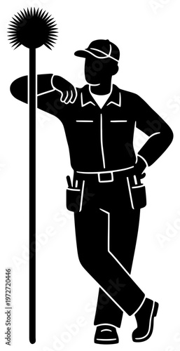 Janitor silhouette worker leaning on long cleaning duster vector transparent background