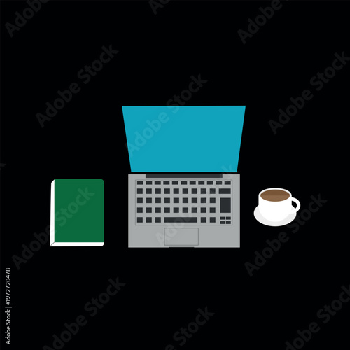 Minimal Workspace Illustration with Laptop, Book and Coffee Cup. Education and Work Concept Vector.