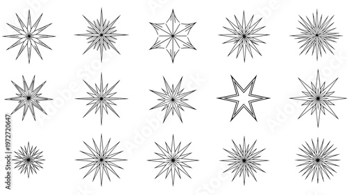 Set of line-drawn starburst and snowflake-like shapes provides a versatile collection of celestial and wintry decorative graphic elements.
