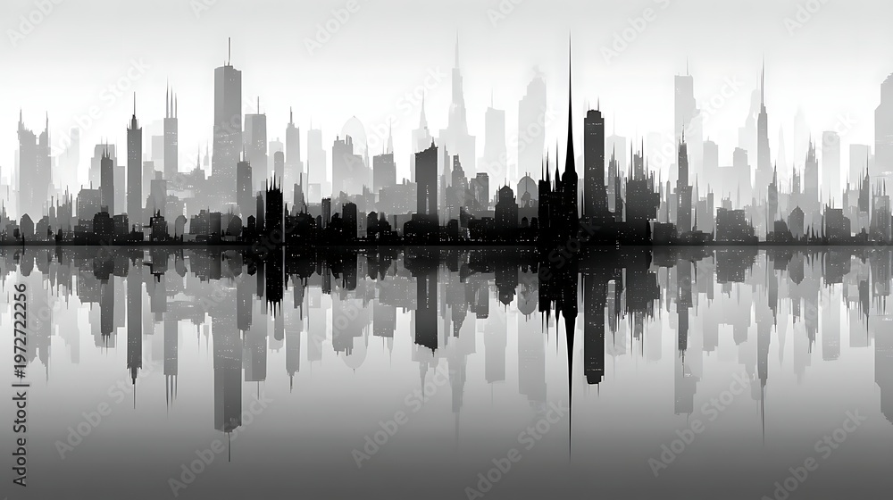 Obraz premium Grayscale panoramic city skyline with buildings reflected in a calm water surface below them