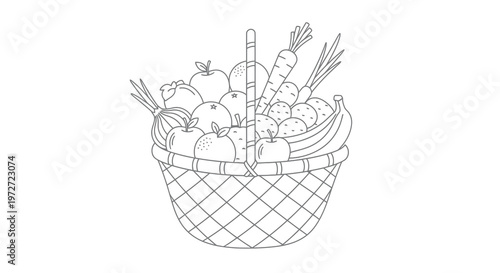 A black and white line drawing of a basket filled with various fruits and vegetables