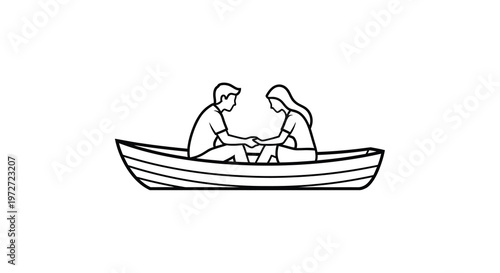 A couple sits facing each other in a small rowboat holding hands