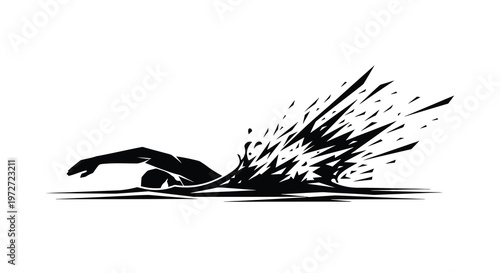 A stylized black silhouette of a swimmer in motion through water