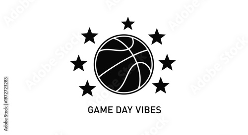 A black and white graphic featuring a basketball and surrounding stars