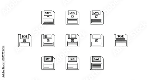 Arrangement of nine vintage floppy disk icons in black and white