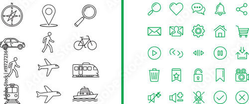 Extensive vector icon collection featuring transport and navigation symbols in black outlines, alongside a green linear UI set covering media, communication, and basic interface actions.