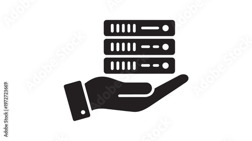 Server Infrastructure Support Icon with Hand Holding Data Center Towers for Cloud Computing
