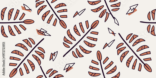 Stylized botanical pattern featuring terracotta leaves and delicate branches on a neutral beige background seamless repeat