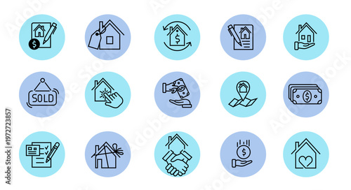 House for sale and home for rent icons. Buy property, real estate listing, lease contract and rental agreement vector symbols for online ads, marketplace, property search and housing promotion set.