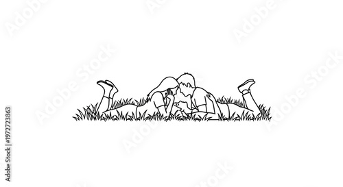 A couple lies in grass embracing in a simple line drawing