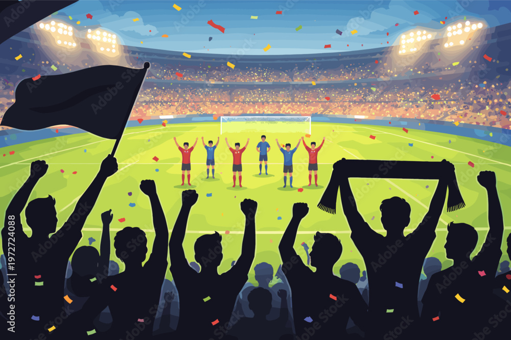 Obraz premium Cheering fans silhouette in stadium stands watching soccer players celebrate on the field with confetti and bright floodlights, simple flat vector illustration of football match victory event.