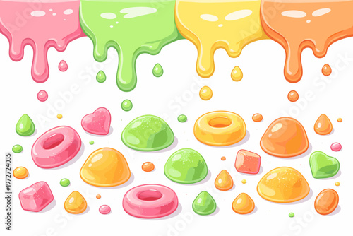 Vibrant Flat Vector Art of Sweet Melting Cream Drips and Scattered Gummy Candies, Jelly Rings, Hearts, and Drops in Bright Pink, Lime Green, Yellow, and Orange Colors on White Background.
