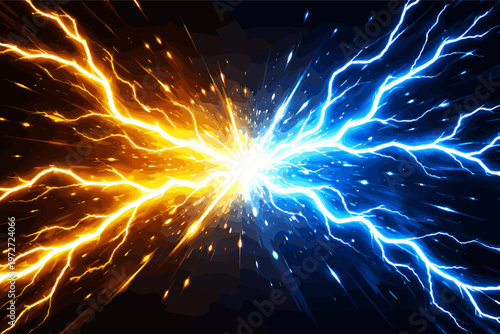 Powerful Yellow and Blue Lightning Explosion: Vibrant Dual Energy Concept with Electric Bolts Colliding in a Bright Flash of Light, Abstract Dynamic Vector Illustration for Power and Conflict