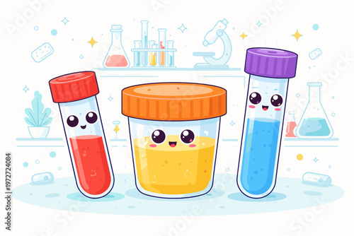 Cute Kawaii Medical Samples Illustration with Smiling Test Tubes and Specimen Jar in a Laboratory Setting. Fun Cartoon Science Lab Equipment for Healthcare, Medical Testing, and Education.