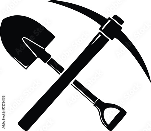 Black shovel and pickaxe crossed on white background tools digging