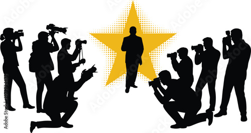 Silhouette of paparazzi photographers surrounding a celebrity standing in front of a large yellow starburst