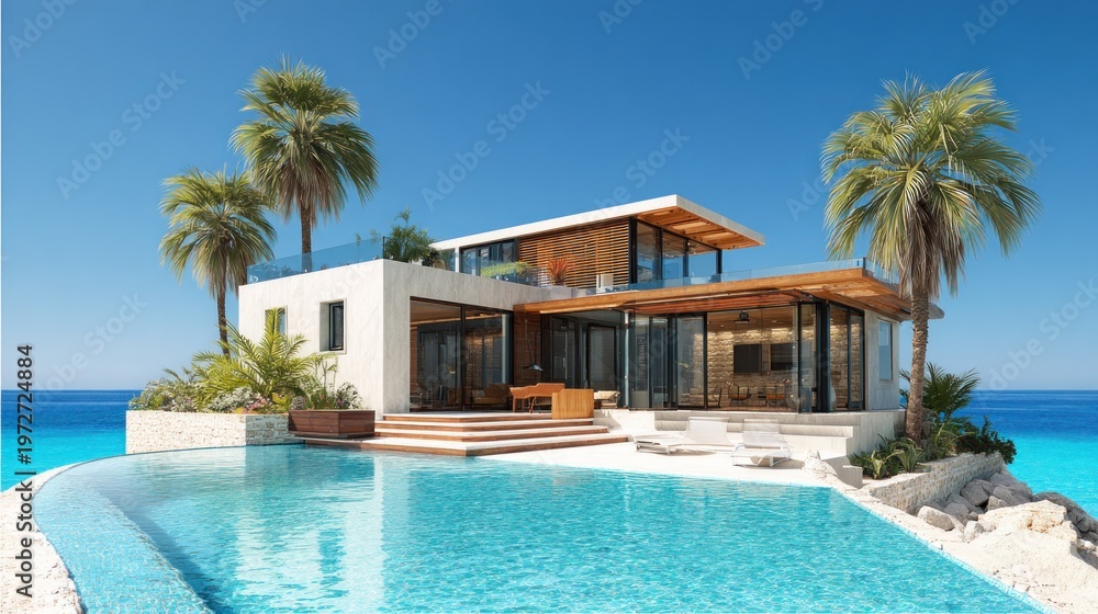 Fototapeta premium Modern luxury villa with swimming pool palm trees and tropical ocean views