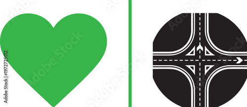 Vector icon set featuring a solid bright green heart and a black circular icon depicting a four-way road intersection with directional arrows. Clean, minimalist symbols for health and navigation.