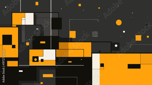 Abstract geometric composition with squares rectangles and lines on dark background