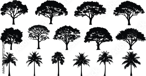Collection of tree silhouettes featuring various deciduous and palm trees including oak and acacia varieties isolated on white background for landscape design projects