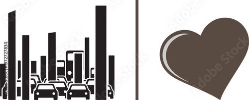 Vector graphic featuring a bustling city skyline with heavy car traffic and skyscrapers, paired with a solid brown heart icon with a glossy highlight. Urban life and city love concept.