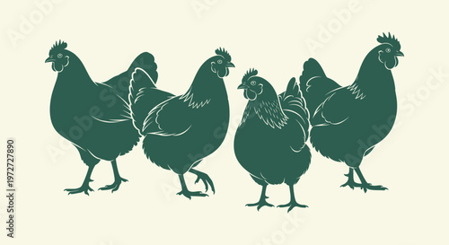 Graphic illustration of four chickens in a row, green poultry silhouettes for farm animal design