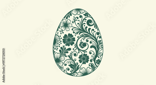 Floral Easter Egg Illustration with Traditional Folk Art Style and Intricate Damask Flower Pattern