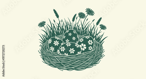 Elegant Green Monochrome Illustration of Easter Eggs in a Nest with Spring Grass and Daisy Flowers