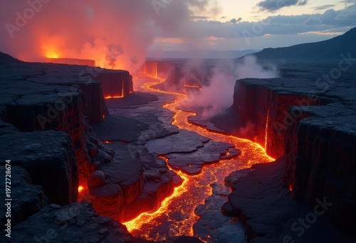 Volcanic Lava Flow Dramatic Landscape Igneous Rock Formation Fiery Eruption Moonscape