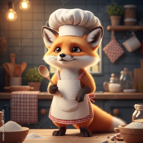 Cute cartoon fox wearing chef hat.