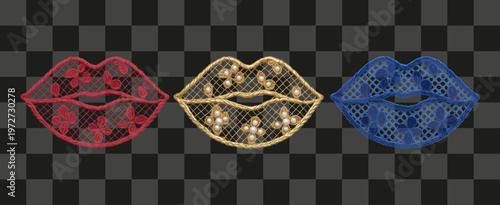 Three decorative ornate lips red blue gold lace pearls isolated on transparent background luxury fashion element
