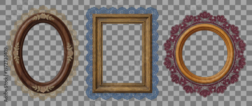 Decorative frames with vintage lace trim isolated on transparent background antique empty frames set