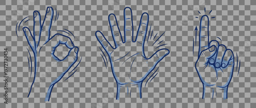 Three hand gestures isolated on transparent background outline drawing ok tap open palm graphic