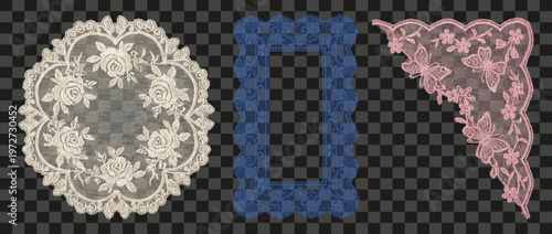 Lace doily frame and corner isolated on transparent background decorative ornamental embroidery