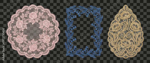 Three lace floral embroidery designs isolated on transparent background decorative elements