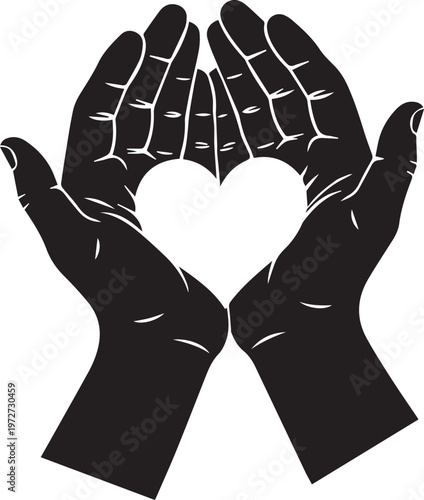 Black and White Vector Illustration of Two Hands Cupping a Heart Shape