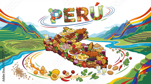 Artistic Peru Gastronomy Map with Traditional Food and Andean Landscape