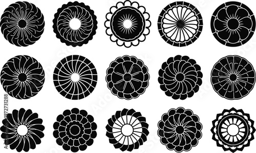 Collection of fifteen black and white circular floral and geometric patterns