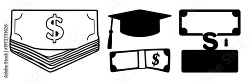 Scholarship money icon set with solid black icon on white background featuring scholarship, money, icon with black and white