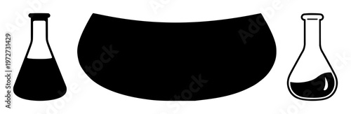 Laboratory flask icon set with solid black shapes featuring scientific research, chemical experiments, medical equipment with labware and glassware