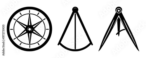 Mathematical compass icon set with solid black illustration against white background featuring compass, geometry, angle with vector and illustration