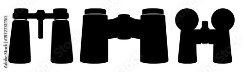 Binoculars set with a solid black icon design featuring binoculars, vision, icons with simple line art and monochrome with bold geometry and clean shape