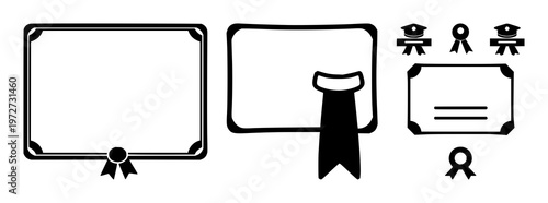 Certificate icon set with bold black line art design featuring diploma, academic, achievements with silhouette and symbol
