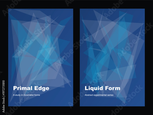 Abstract geometric poster set with Primal Edge and Liquid Form text, blue minimalist triangle background vector, experimental art book covers