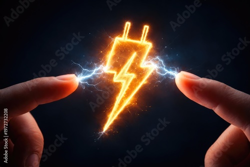 Glowing electric lightning symbol between fingers representing energy and power