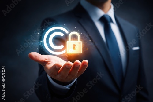 Businessman holding glowing copyright symbol with lock representing intellectual property protection