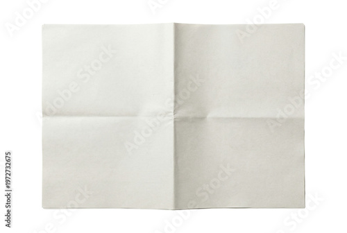 Empty folded white paper sheet top view isolated. Newspaper mockup template.