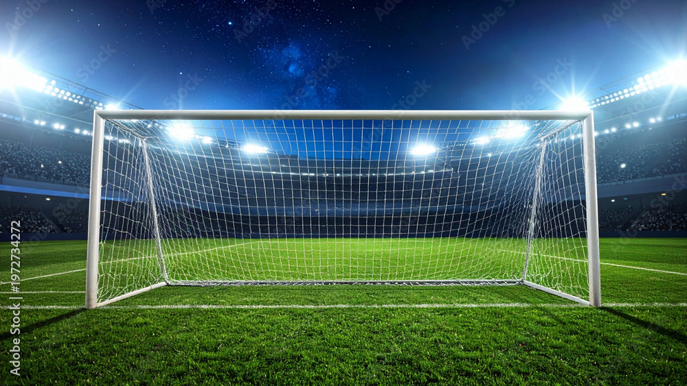 Fototapeta premium Empty Soccer Goal on Illuminated Stadium Pitch at Night