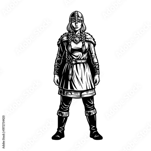 Viking Warrior Woman Vector Illustration, Nordic Female Fighter in Armor, Medieval Character Line Art Isolated on White Background