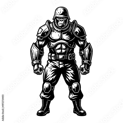 Futuristic Soldier Vector Illustration, Armored Sci Fi Warrior Character, Tactical Combat Trooper Line Art Isolated on White Background